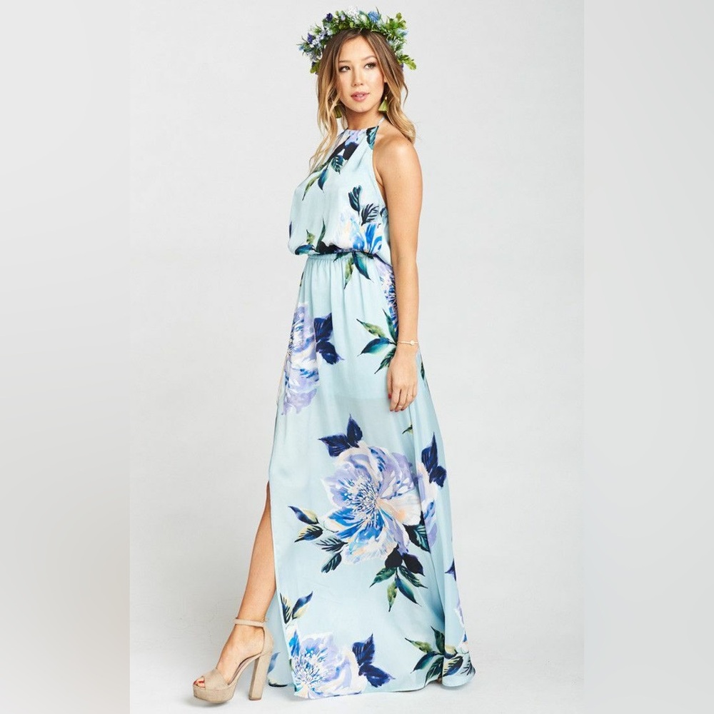 Show Me Your Mumu Heather Halter Maxi Dress in “Mint to Be” Floral Pattern